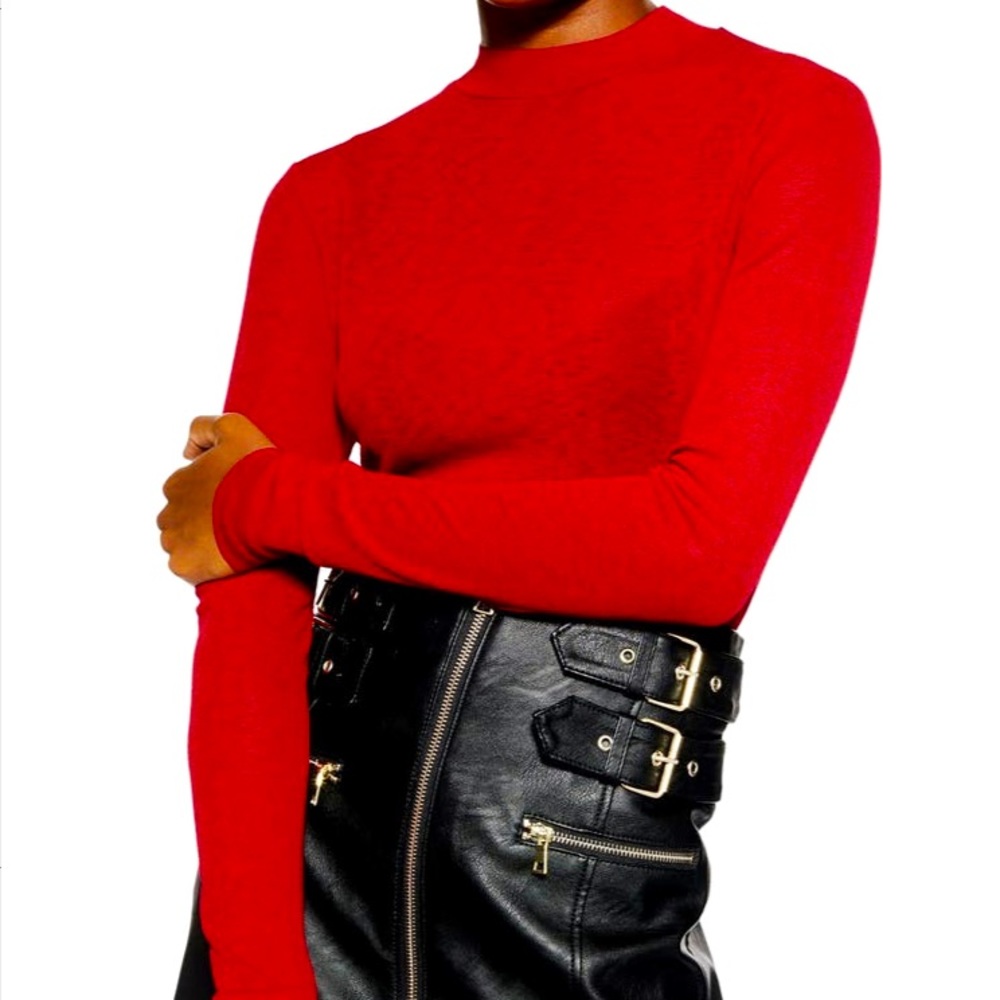 Topshop Sheer Mock Neck Top in red